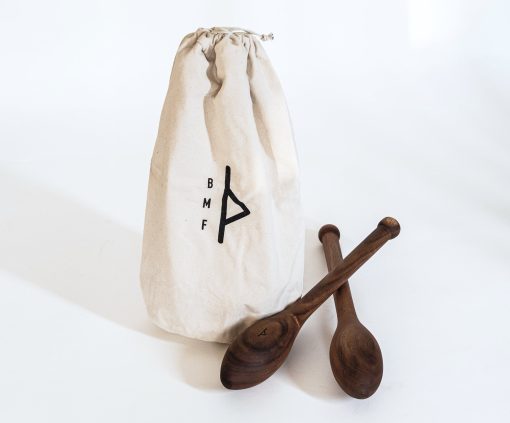wood teardrop Indian clubs and canvas bag