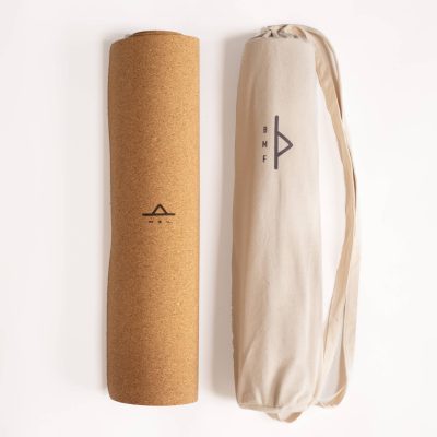 BMF branded cork yoga mat with cotton canvas carry bag