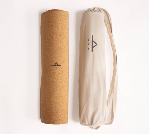 BMF branded cork yoga mat with cotton canvas carry bag