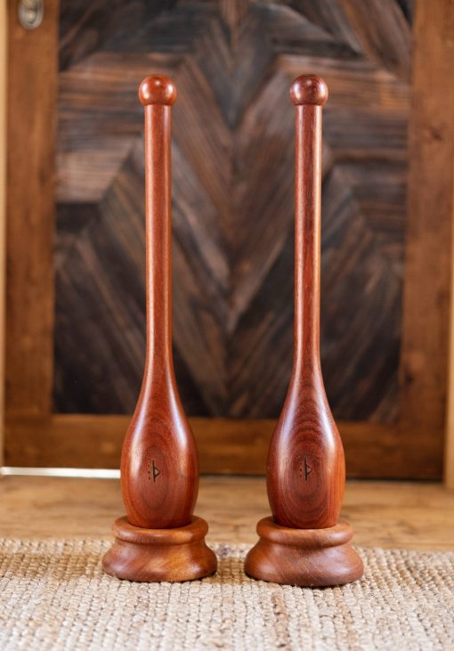 Hand-turned wooden bases for teardrop Indian clubs, flowmace and tai chi balls