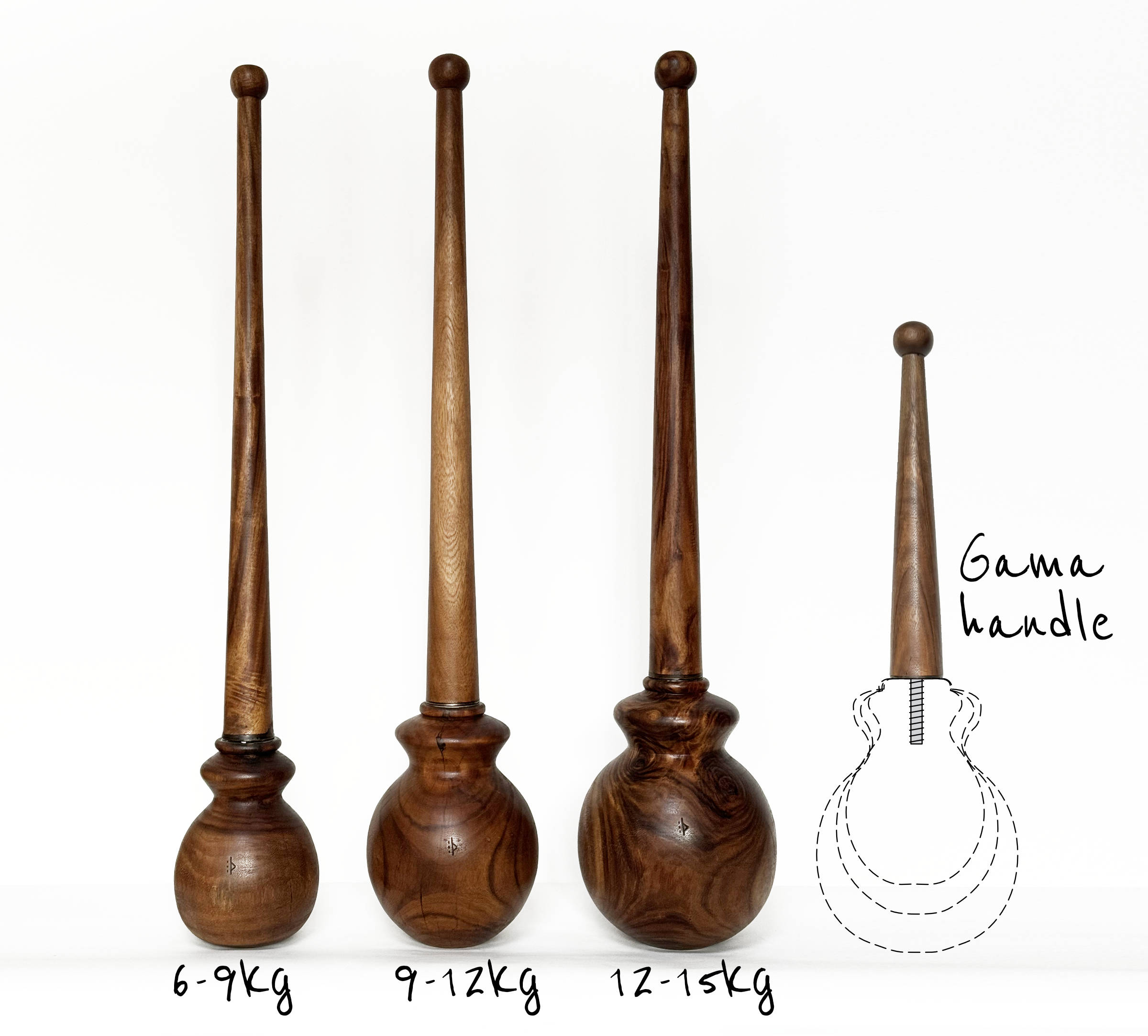 Adjustable wooden gada. Interchangable handle lengths plus lead shot can be added to base chamber to increase weight by up to 3kg.